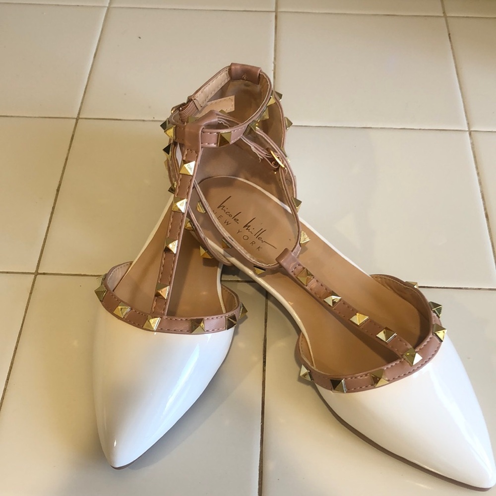 Chic White and Tan Sandals with Studded T-Strap